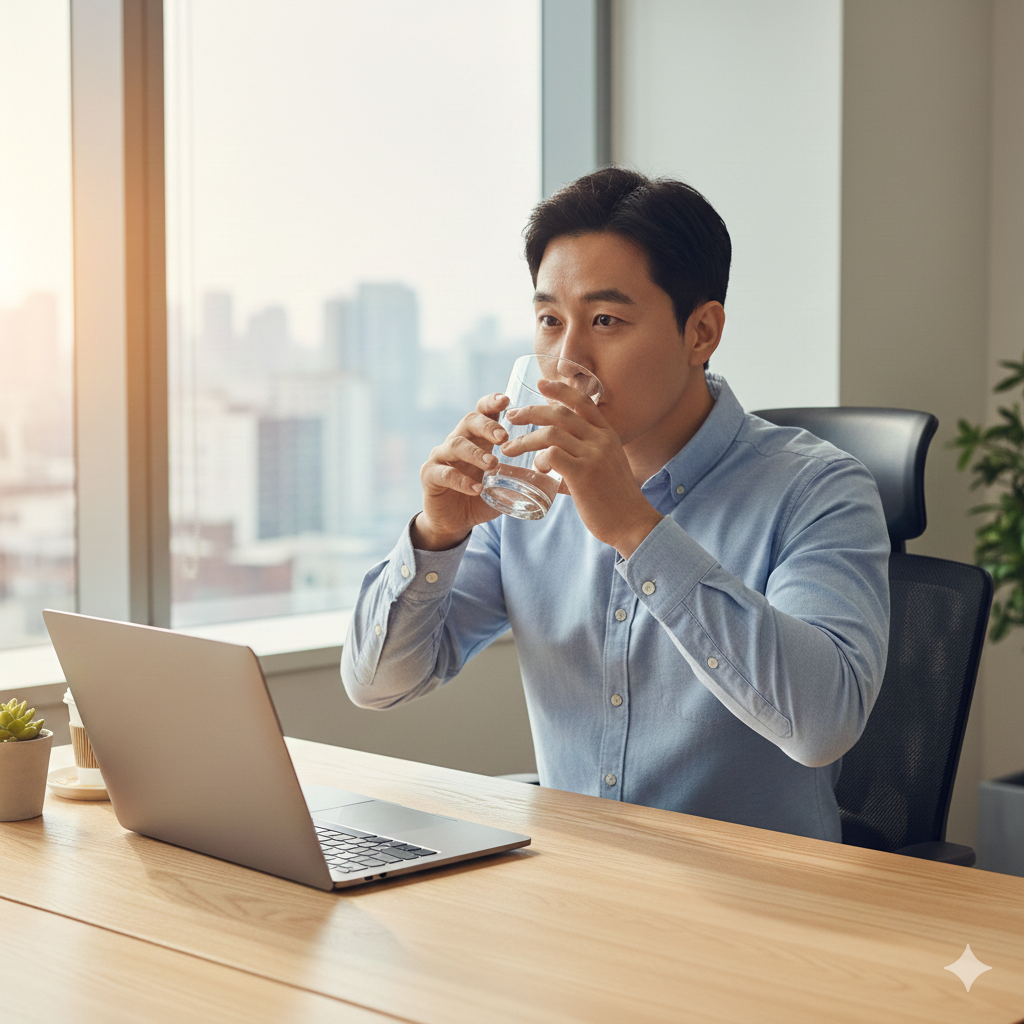 오후 피로를 물로 해소하는 직장인 이미지