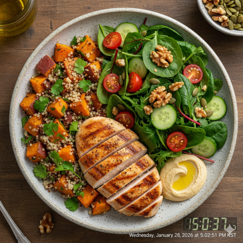 채소, 단백질, 견과류, 곡물이 포함된 균형 잡힌 점심 식단
