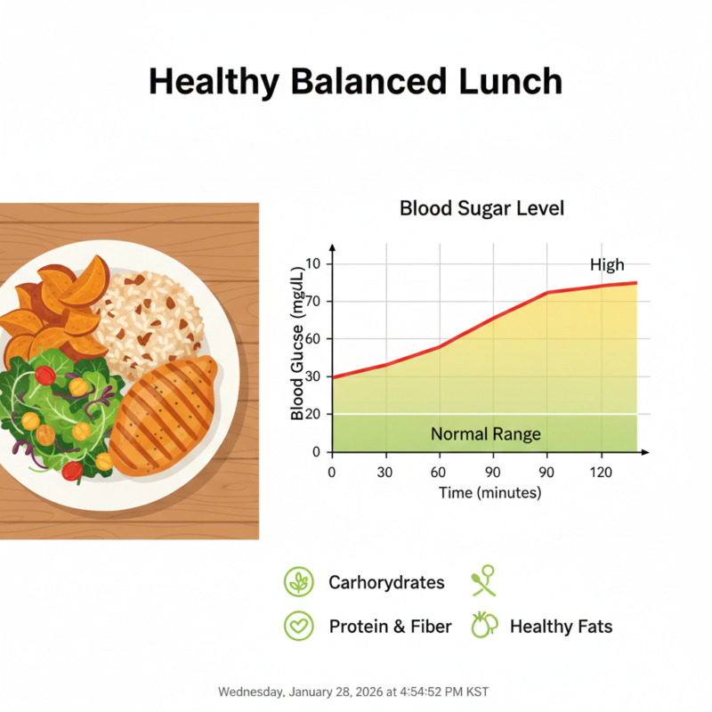 탄수화물과 단백질이 포함된 균형 잡힌 점심 식단, 혈당 변화를 나타낸 인포그래픽
