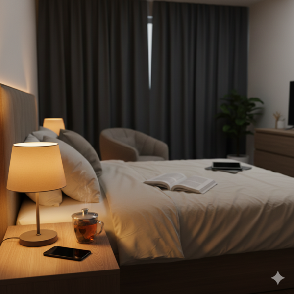 블루라이트 노출을 줄이는 야간 수면 환경과 루틴을 보여주는 침실 장면