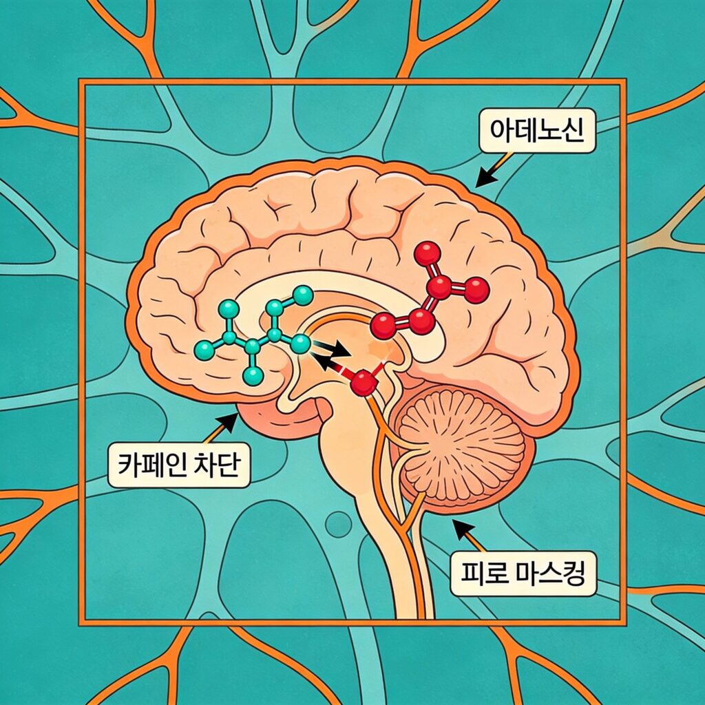 뇌에서 카페인 아데노신 차단 과정: 피로 마스킹 메커니즘 다이어그램
