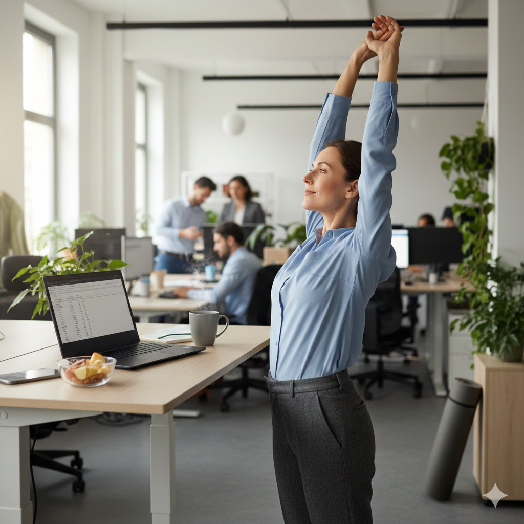 사무실 책상 앞에서 5분 스트레칭을 하는 직장인