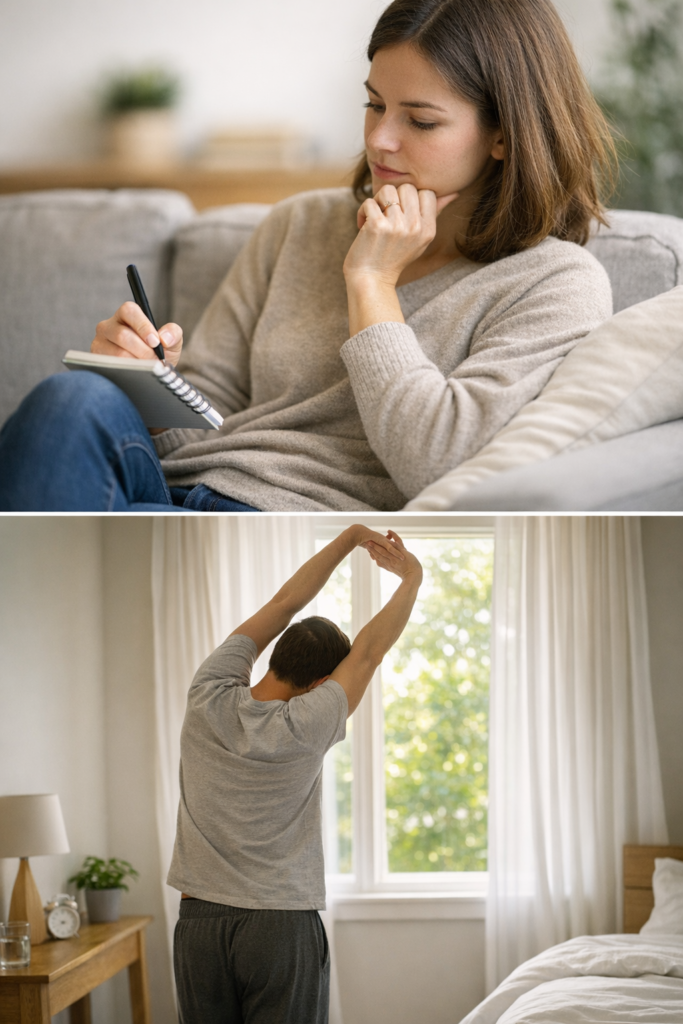 아침 햇빛을 받으며 스트레칭을 통해 만성 피로 회복과 생활 습관 개선을 실천하는 모습