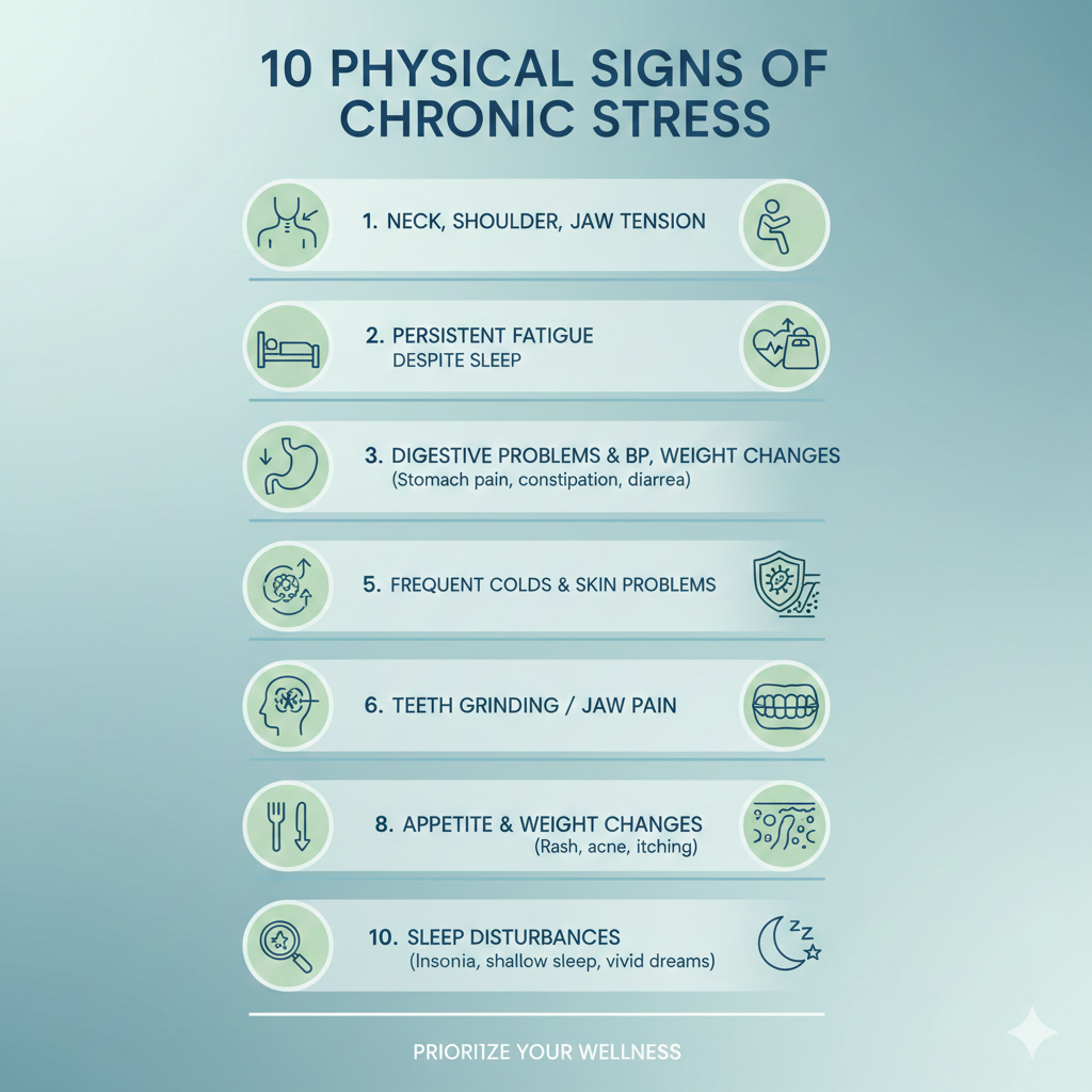 만성 스트레스 신체적 징후 10가지 인포그래픽. 목·어깨 근육 긴장, 피로, 소화 불편, 심박수 상승, 면역력 저하, 긴장성 두통, 치아 갈기, 체중·식욕 변화, 피부 이상, 수면 장애를 아이콘과 간단 설명으로 시각화.