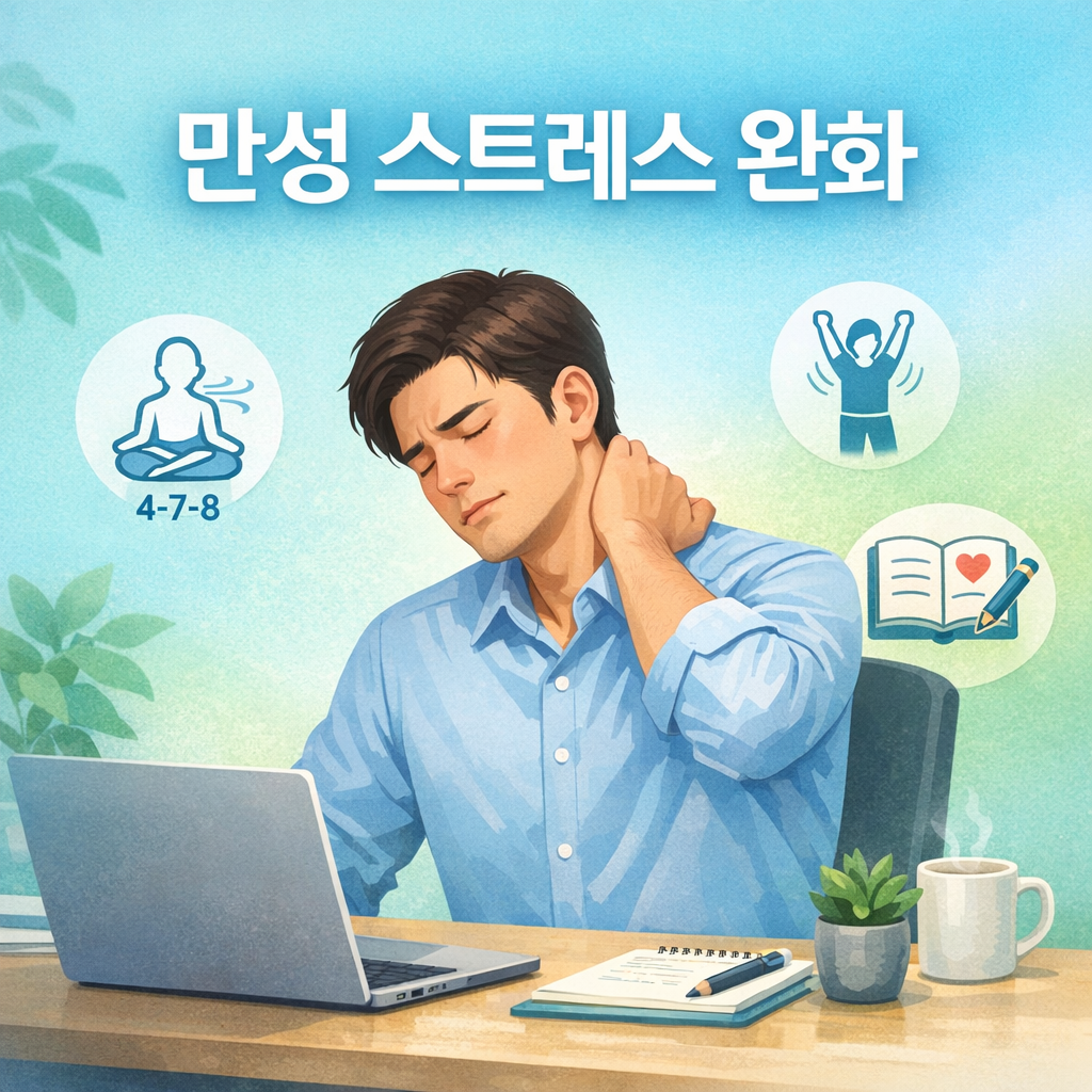 만성 스트레스 완화 대표 이미지. 책상에 앉아 목과 어깨를 마사지하며 스트레스를 완화하는 직장인, 4-7-8 호흡, 스트레칭, 감사 기록 아이콘 포함. 부드러운 파스텔 배경으로 안정감 있는 블로그용 이미지.