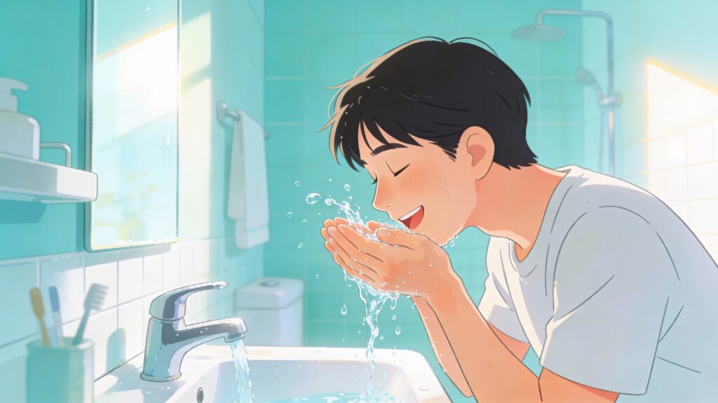 찬물로 아침 세수하며 각성하는 모습