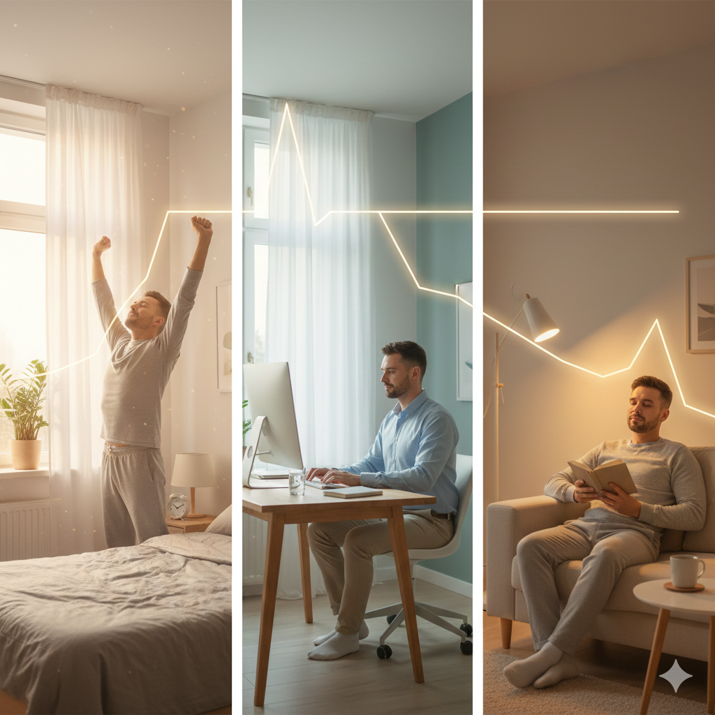 코르티솔 일중 리듬에 따라 아침·낮·저녁 에너지 상태가 달라지는 하루 흐름
