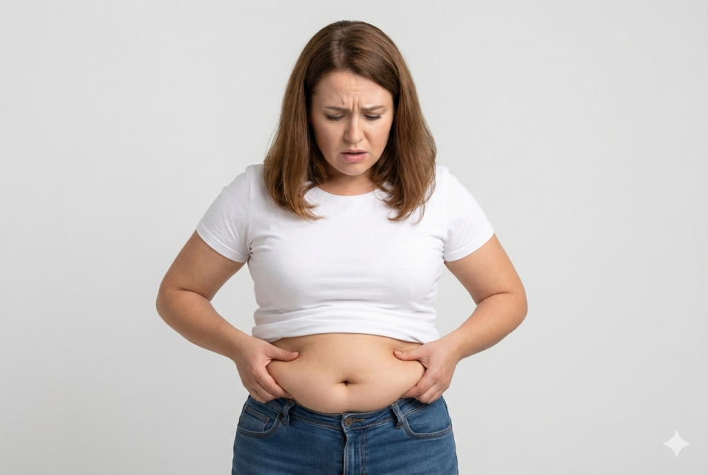 코르티솔 과다로 인한 체중 증가, 복부 비만을 걱정하는 여성이 배를 잡고 있는 모습