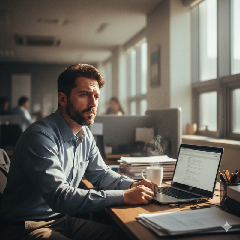 깊은 잠 부족 징후로 아침에도 피곤한 직장인 모습