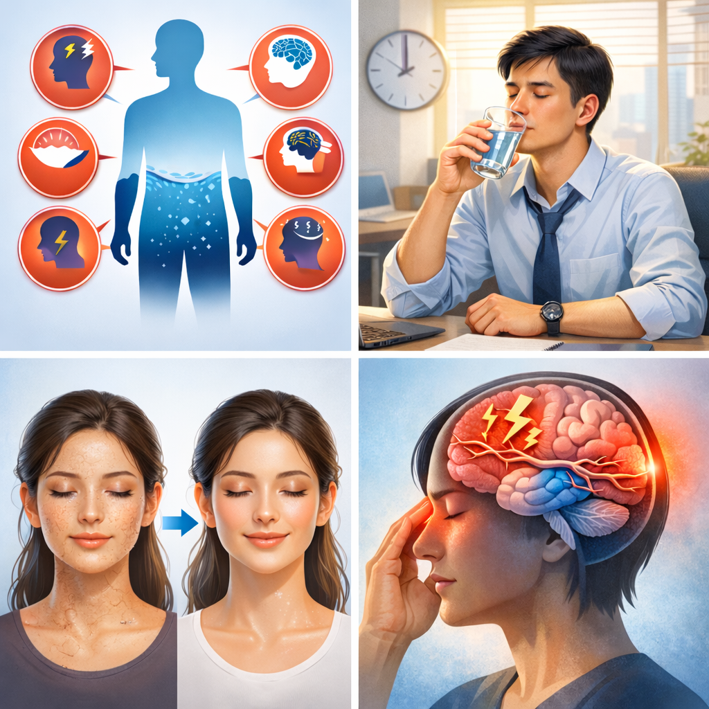물을 적게 마시면 피로를 보여주는 탈수와 두통 이미지