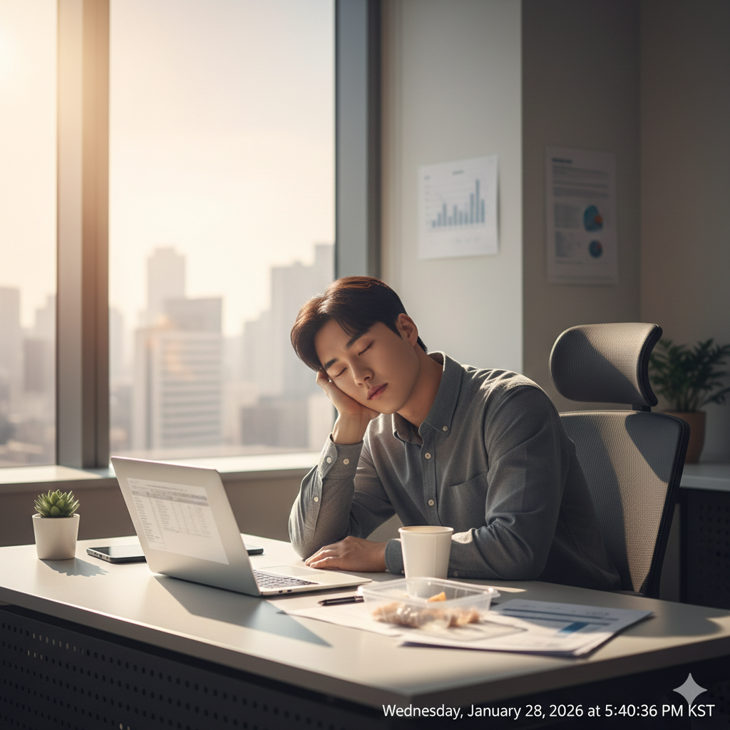 먹어도 피곤한 이유로 점심 후 졸린 직장인, 책상에서 커피와 노트북 앞에 앉아 있음