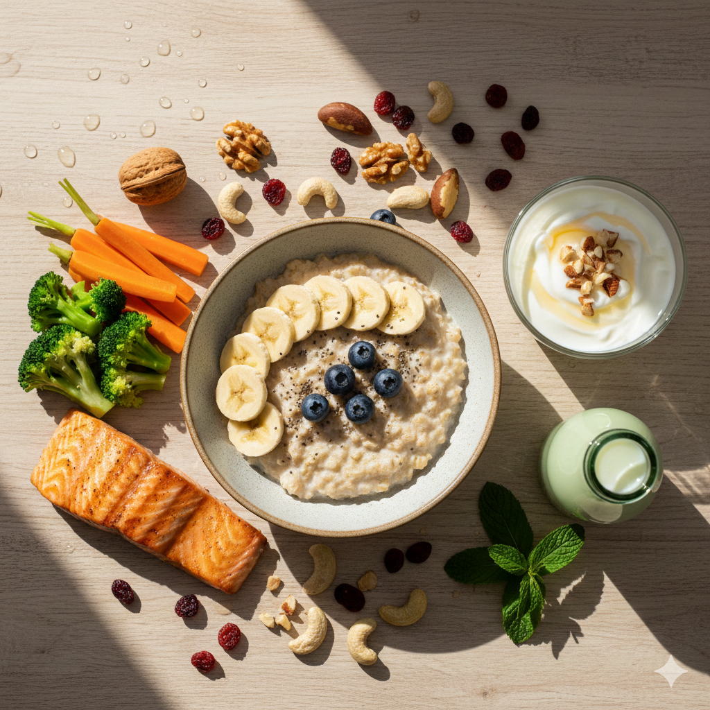 자연식으로 장 건강을 지키는 균형 잡힌 식단 (오트밀, 바나나, 요거트, 채소, 연어, 견과류)