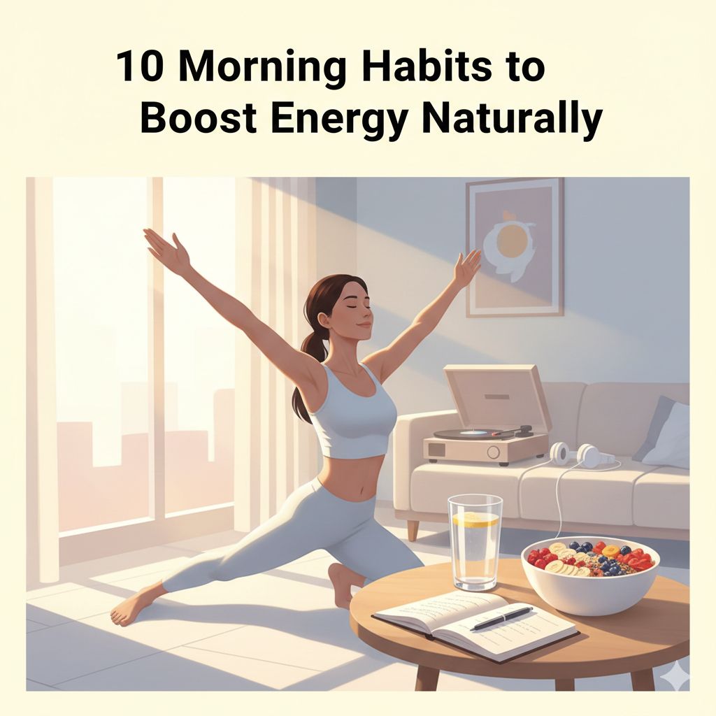 밝은 아침 햇빛 속에서 스트레칭, 물 한 잔, 건강한 아침 식사, 감사 일기를 통해 자연스럽게 에너지를 높이는 아침 루틴 이미지