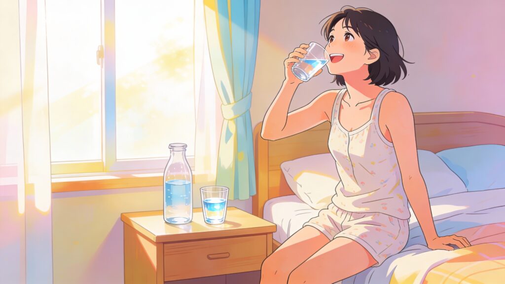 아침 기상 직후 물 한 잔으로 수분 보충하는 장면