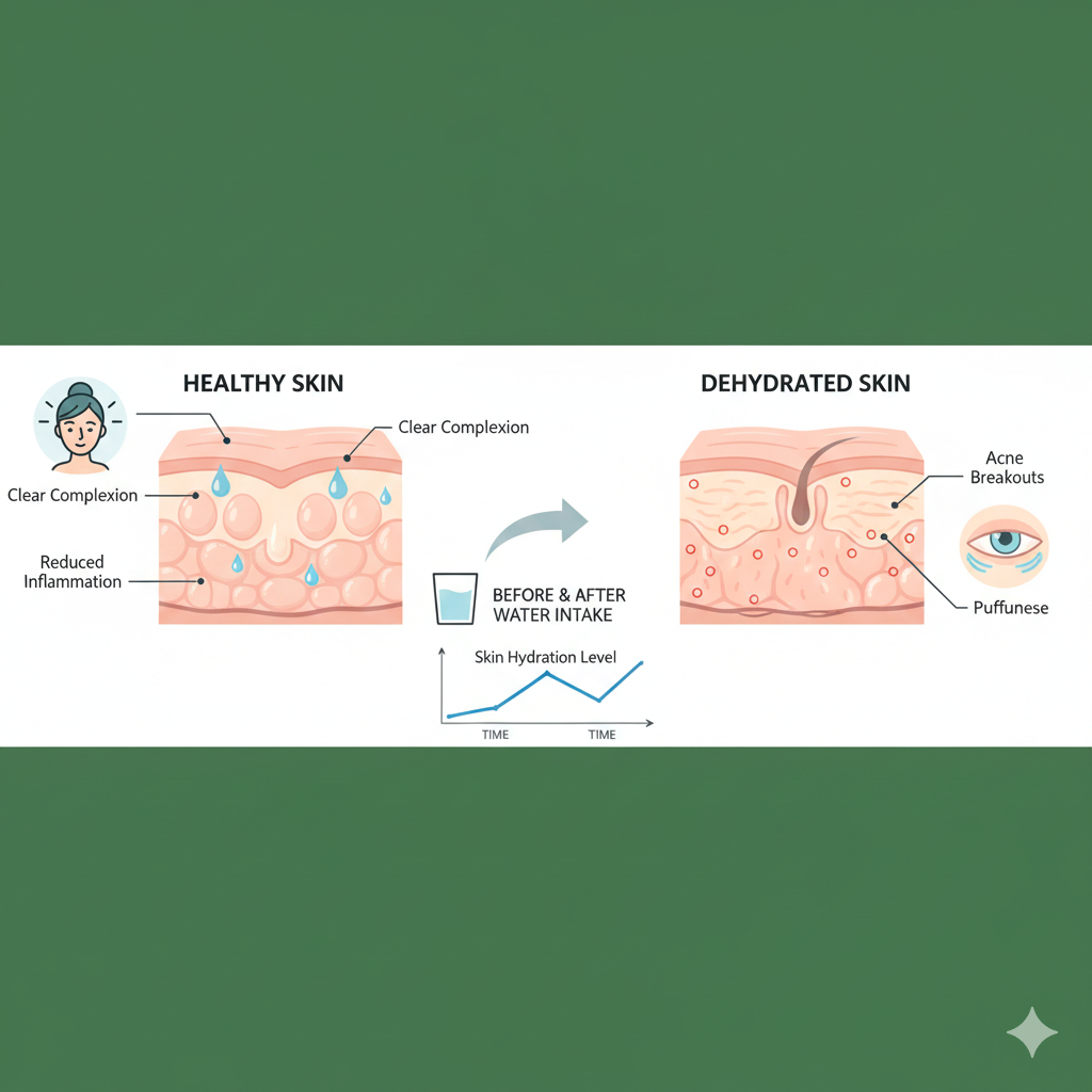 물 섭취 전후 피부 변화 및 수분 부족 영향 이미지