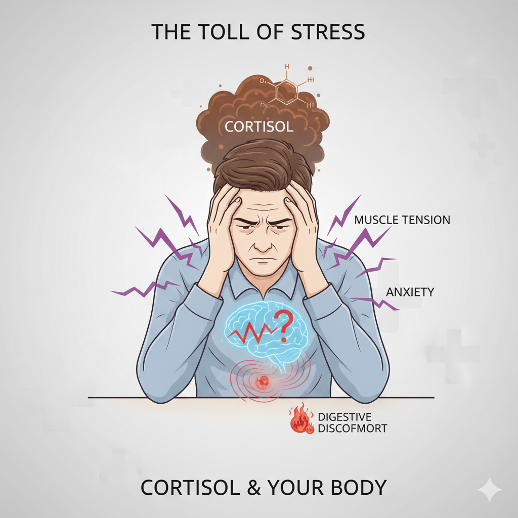 코르티솔 과다로 인한 스트레스성 피로와 신체 증상 설명 이미지
