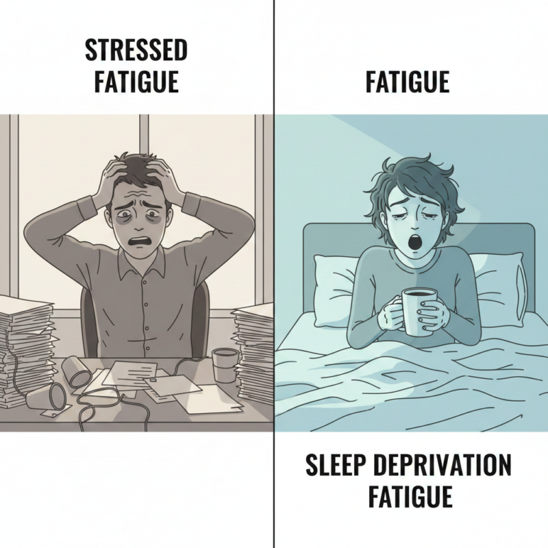 스트레스성 피로와 수면 부족 피로의 차이를 보여주는 직장인 비교 이미지