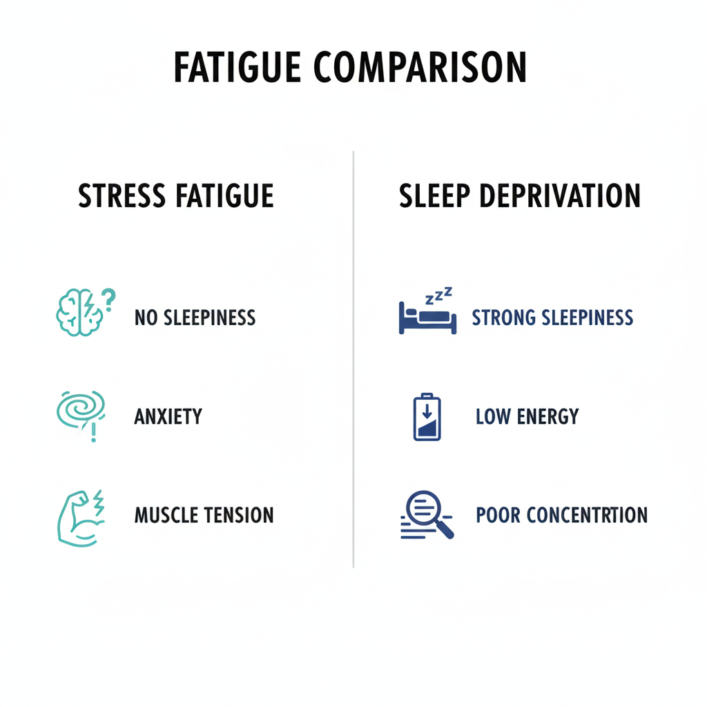 스트레스성 피로와 수면 부족 피로의 증상 차이를 비교한 인포그래픽
