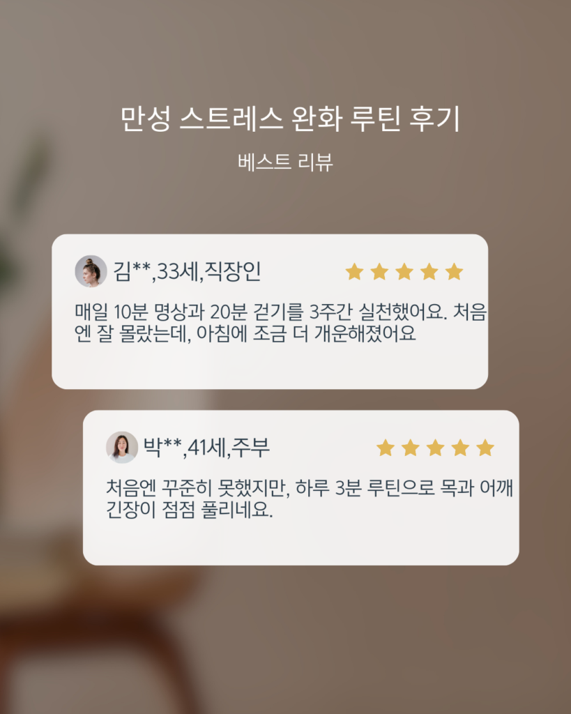 만성 스트레스 완화 루틴 후기 댓글창 이미지. 모바일 UI 화면, 별점 아이콘과 말풍선 모양으로 후기 시각화. 실제 텍스트는 이미지 아래에서 확인 가능.
