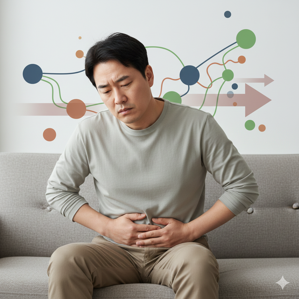 신진대사를 망치는 습관으로 인해 장 건강 면역력이 저하된 모습을 표현한 이미지