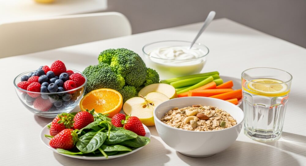 변비 예방과 장 건강을 위한 섬유질 풍부한 식사와 건강한 생활습관 이미지