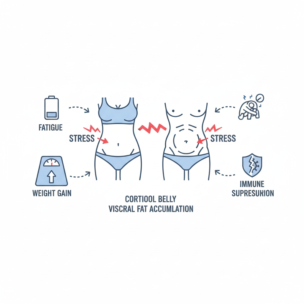 코르티솔 벨리와 복부 지방 축적을 강조한 건강 인포그래픽, 남성/여성 복부를 중심으로 스트레스 화살표 표시, 복부 지방 증가, 체중 변화, 피로, 면역 저하 등 시각화, 깔끔하고 읽기 쉬운 블로그용 디자인