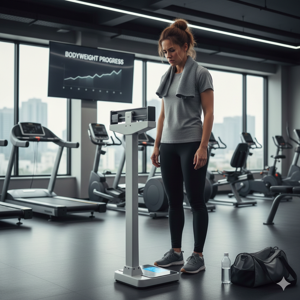 운동만으로 체중 감량에 어려운 이유, 헬스장에서 체중계 앞에 선 직장인 이미지