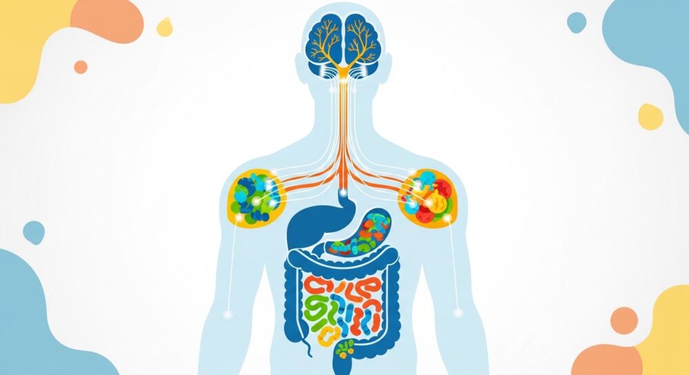 장 건강과 뇌 연결을 보여주는 인포그래픽: 장뇌축과 장내 미생물, 뇌 기능 연관성