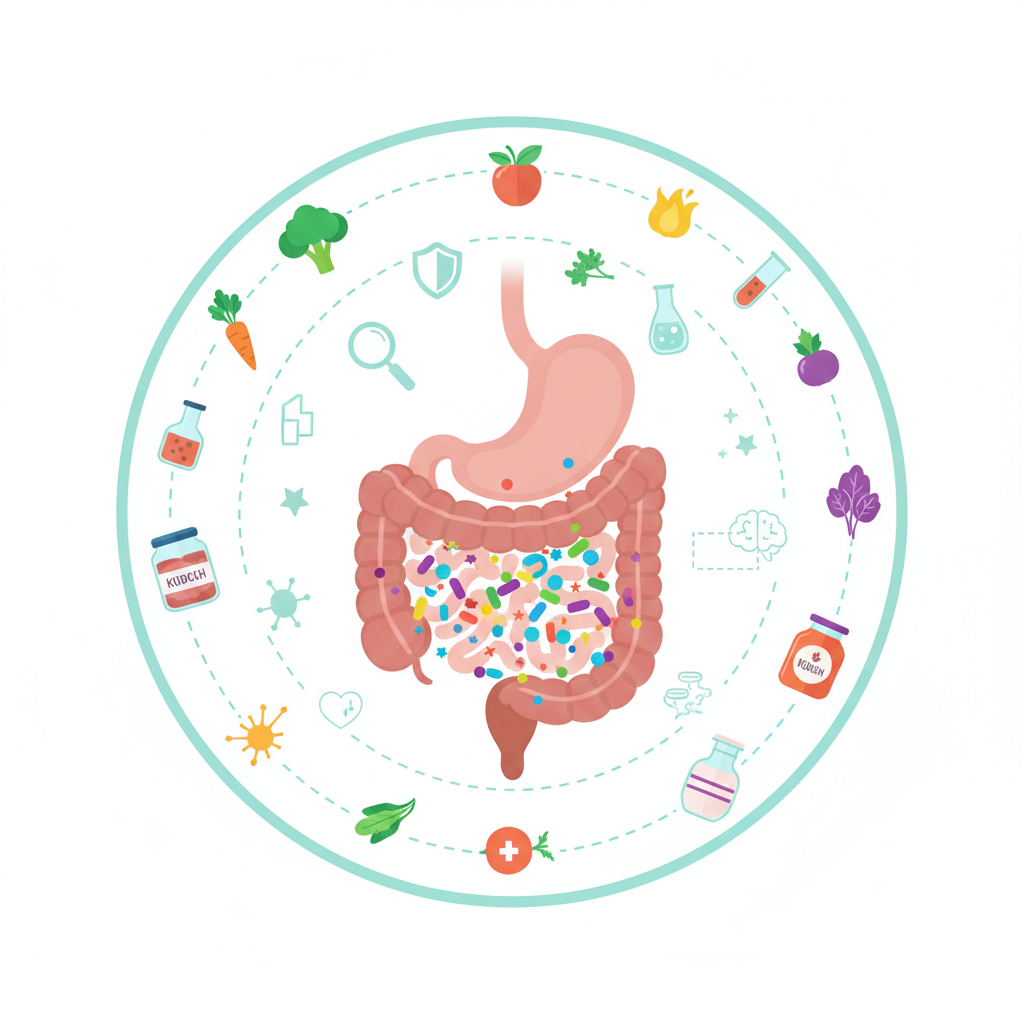건강한 장과 장내 미생물을 보여주는 인포그래픽, 발효식품과 채소 포함, 장 건강 징후 블로그 대표 이미지