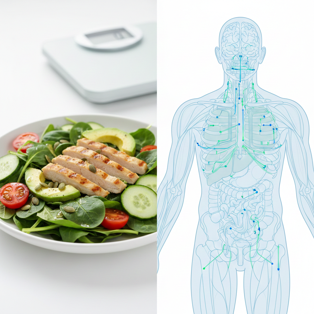 건강한 식습관 체중 증가 원인을 보여주는 신진대사 구조 이미지