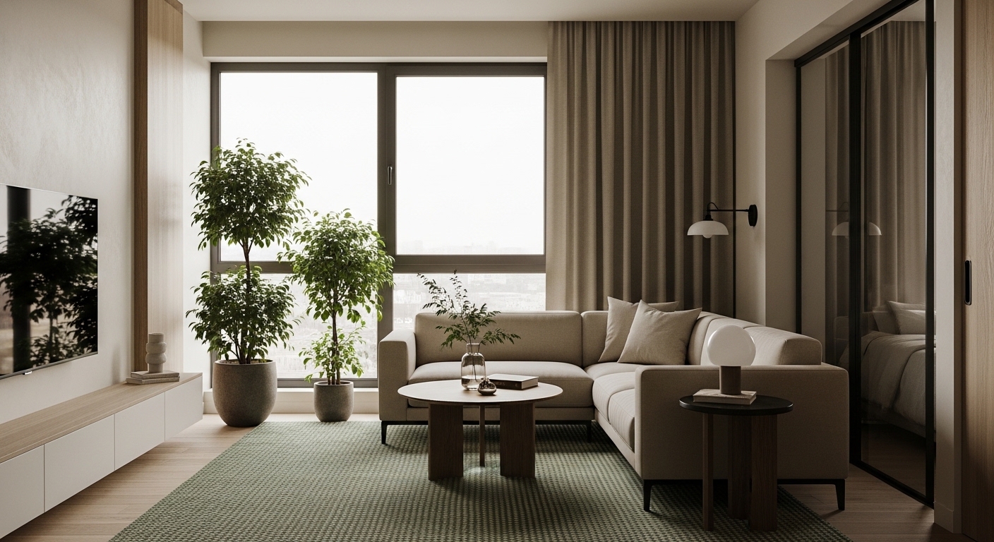현대 아파트 거실, 미니멀 인테리어, 자연광 가득, 창가 근처 그리너리 식물 코너 3그루, 간접 조명 아늑하게, 베이지·그린 톤 다운 컬러, 고급스러운 소재, 소파와 러그 배치, 사람 없음, 깨끗하고 정돈된 느낌, 스트레스 없는 회복 공간, 심플하고 세련됨, 8K, 현실적 스타일, 부드러운 빛과 그림자