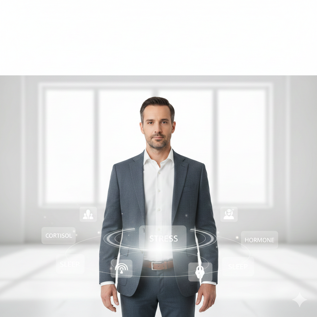 코르티솔 증가와 스트레스로 인해 복부 지방이 쌓이는 코르티솔 벨리 개념 이미지