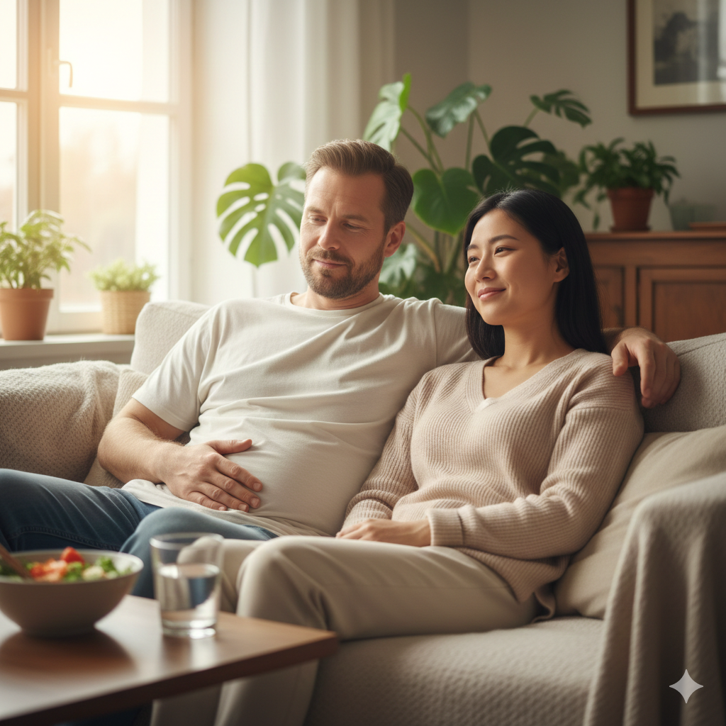 식사 후 부기를 느끼는 성인 남녀, 소화와 장 건강 컨셉