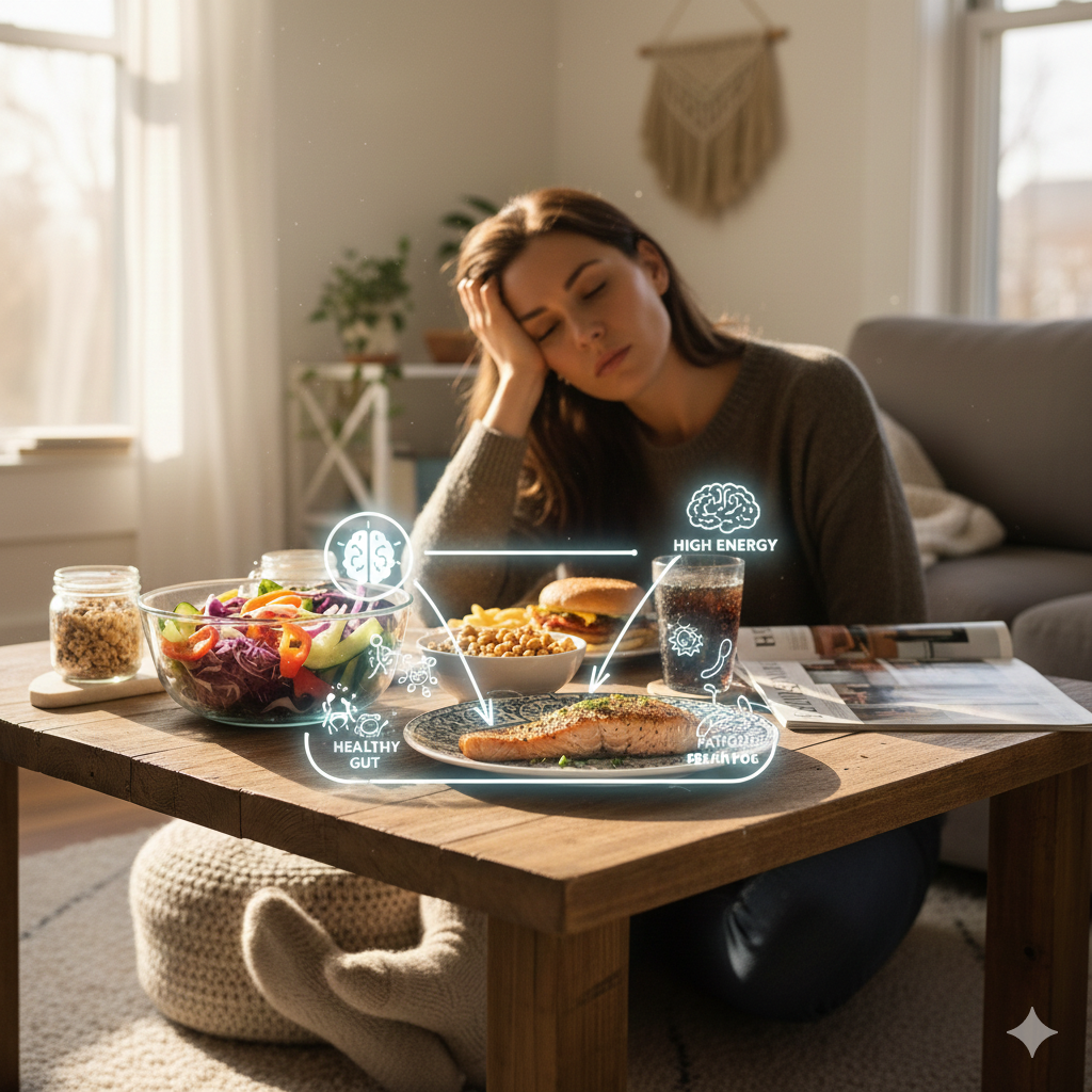 식사 후 피곤함을 느끼는 이유를 설명하기 위해, 건강한 음식 앞에서 졸음을 느끼는 여성과 장 건강 및 혈당 에너지를 상징하는 그래픽이 포함된 거실 배경의 실제 사진 스타일 이미지