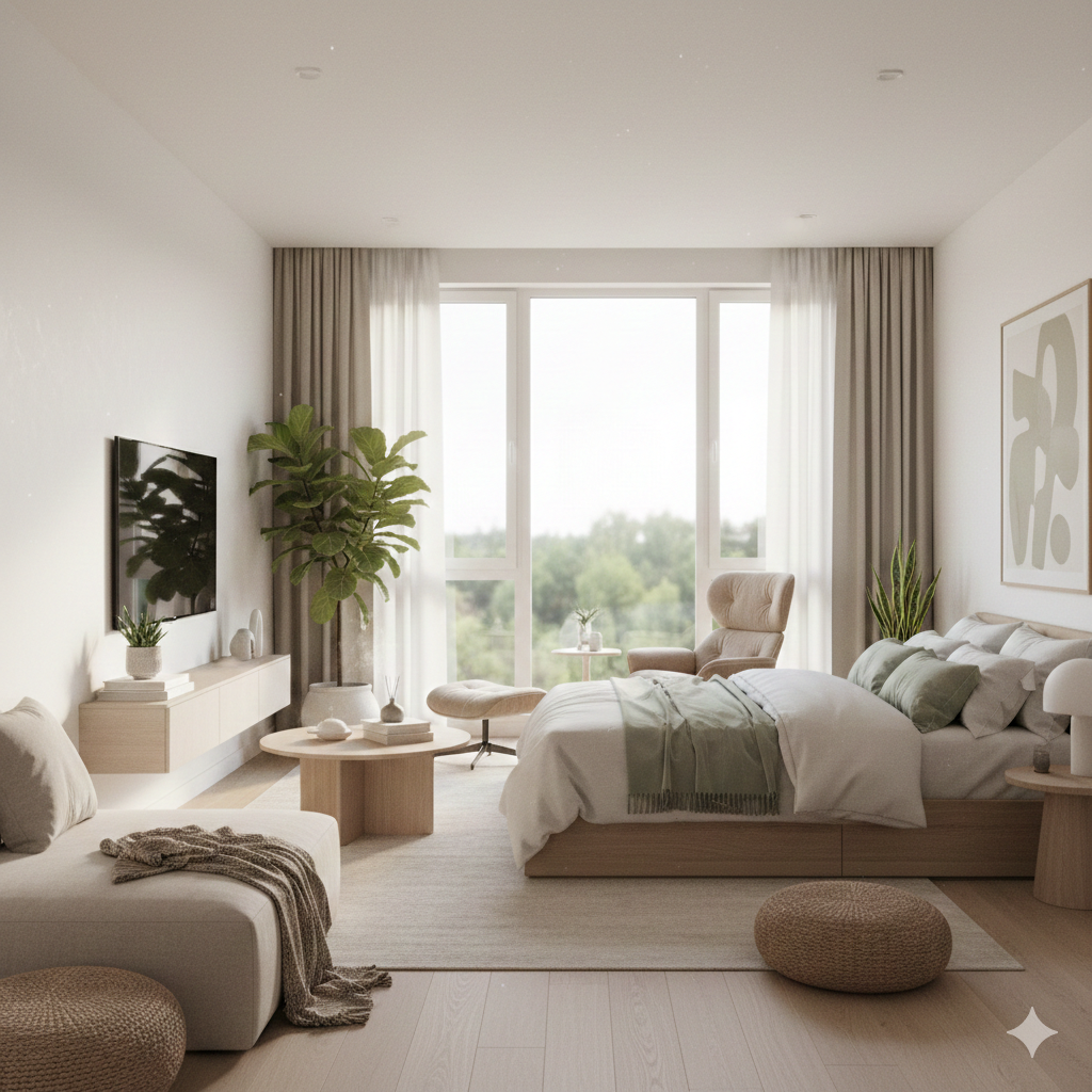 편안하고 정돈된 현대적인 거실과 침실 인테리어, 자연광이 들어오는 창문, 식물과 밝은 조명으로 공간 웰니스와 회복, 집중과 수면, 스트레스 완화를 지원하는 포토리얼리스틱 환경