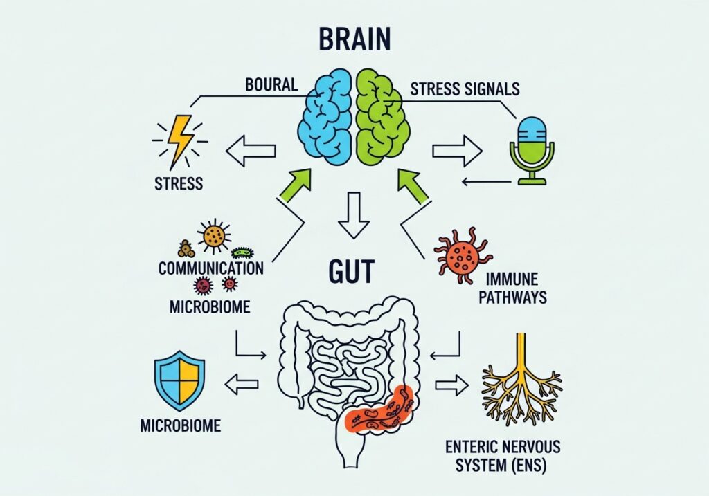스트레스 소화 장 건강 장-뇌 축(Gut-Brain Axis) 구조 인포그래픽