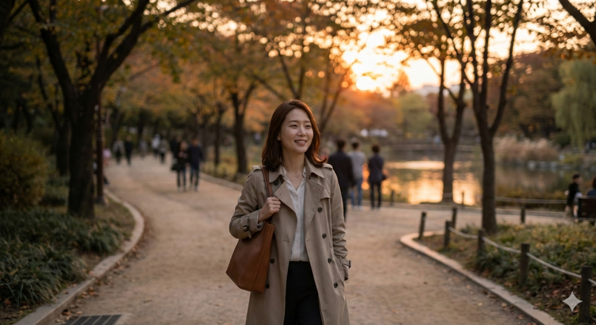 스트레스 해소 습관을 실천하는 직장인 산책 장면