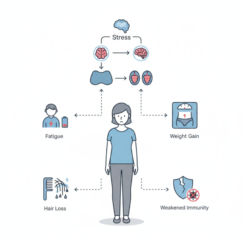 스트레스와 코르티솔이 피로, 체중 증가, 탈모에 미치는 영향 인포그래픽
