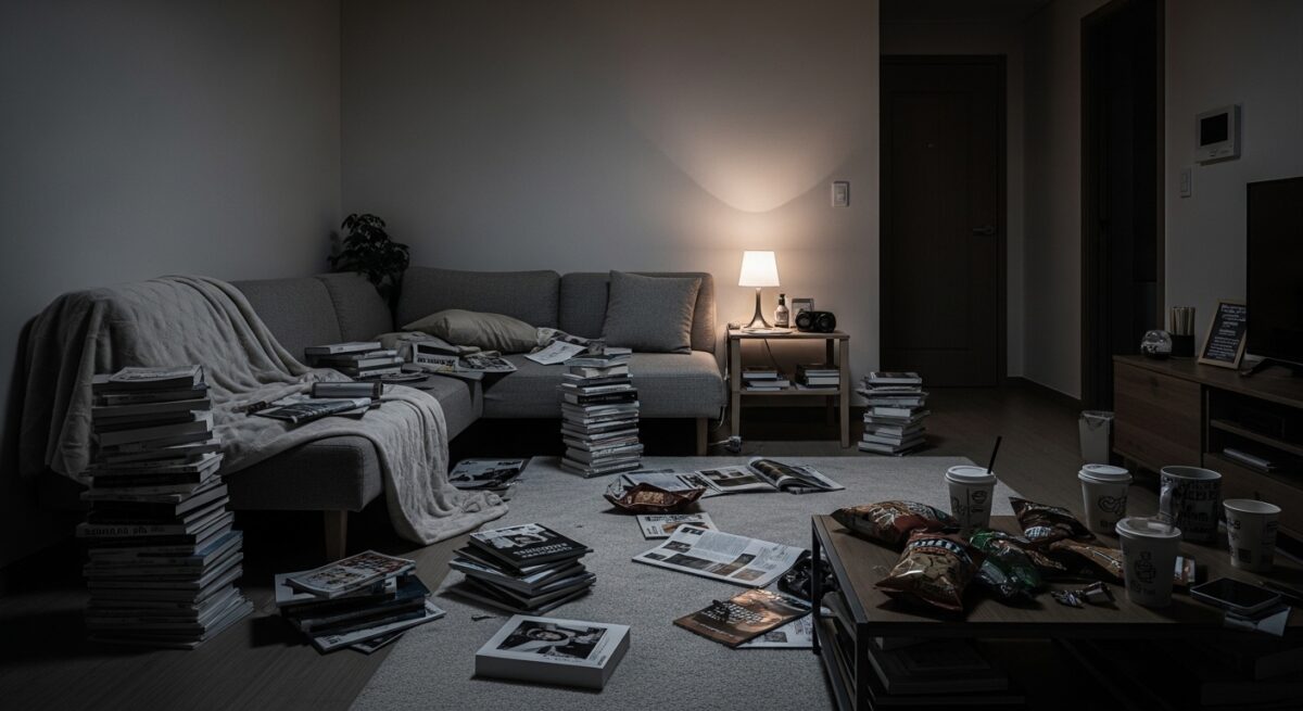 스트레스를 높이는 집 환경의 특징을 보여주는 어두운 거실 인테리어