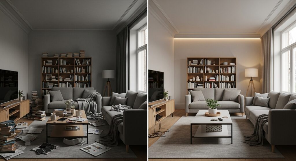 집에서 쉬어도 피곤한 이유를 알려주는 어수선한 집과 미니멀 거실 비교, 시각 피로 감소 예시