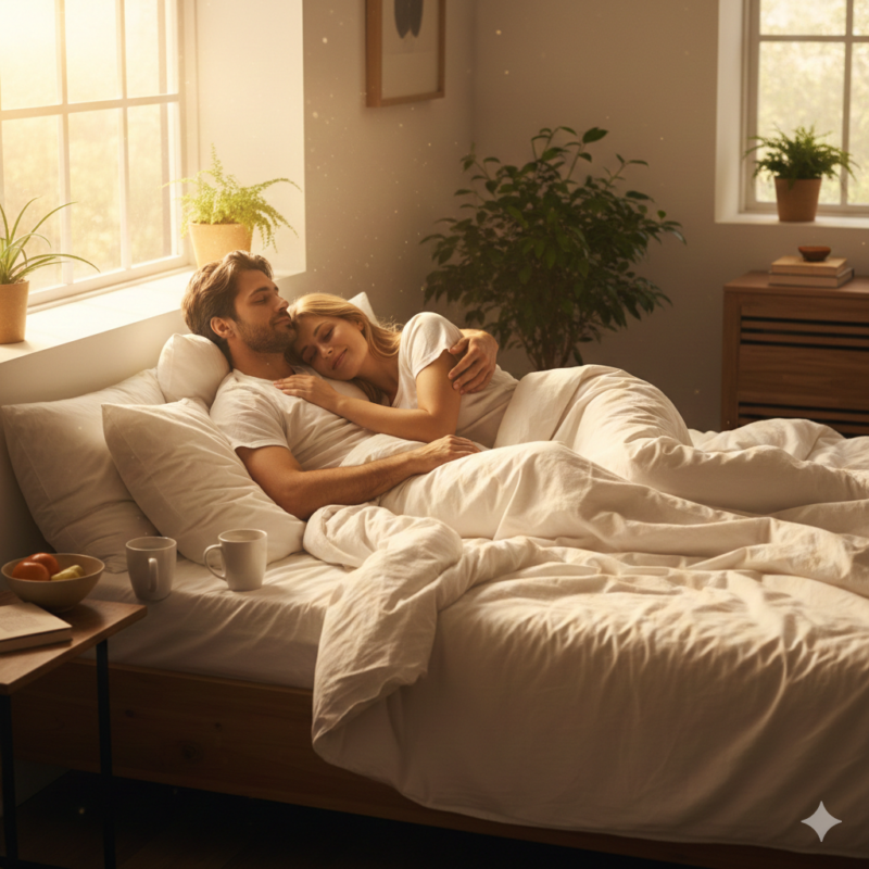 주말 늦잠을 즐기는 성인 남녀, 밝은 침실에서 편안하게 잠자는 모습