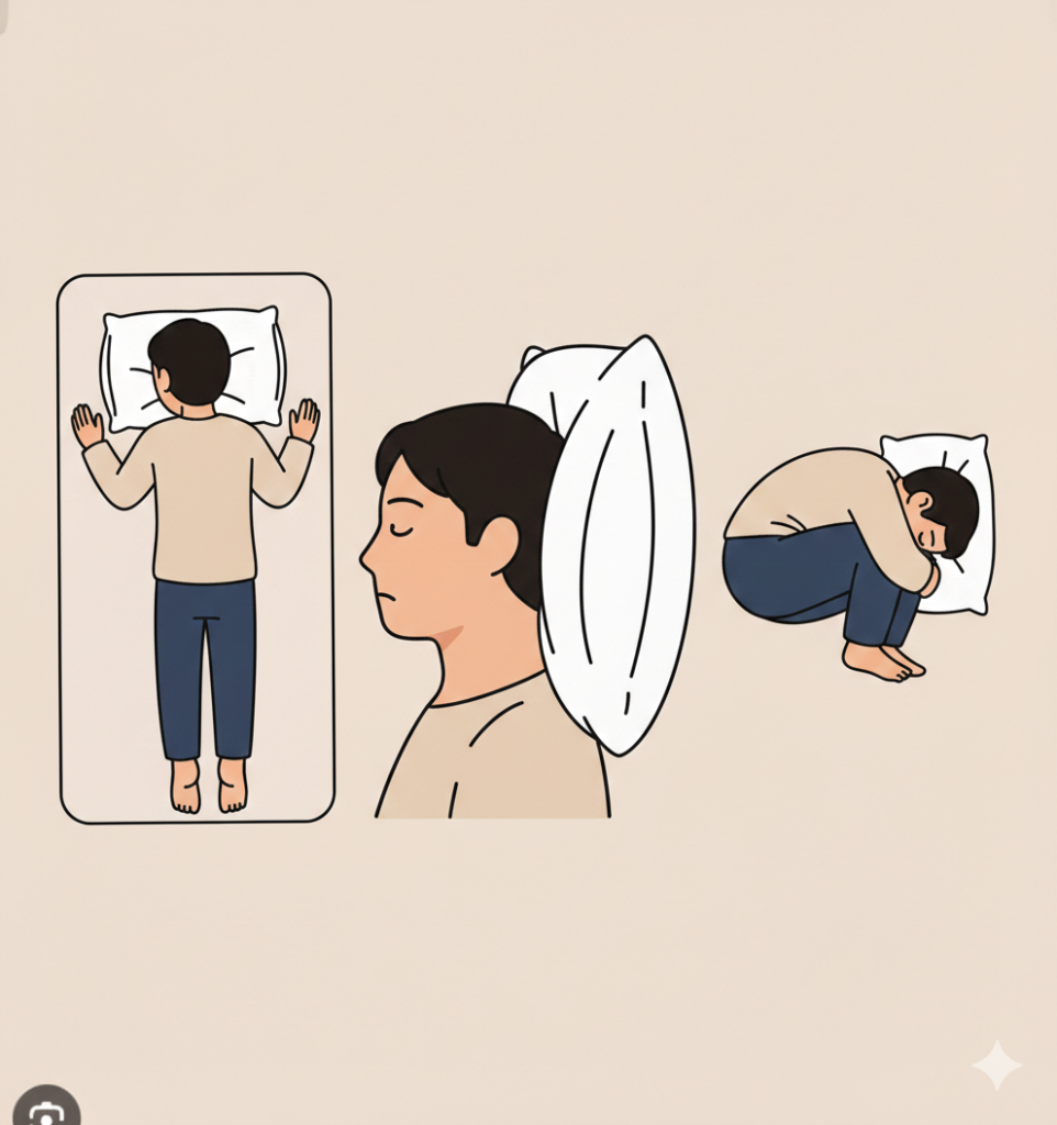 엎드려 자는 수면 자세, 과도하게 웅크린 새우잠, 너무 높은 베개로 인해 목과 허리에 부담이 가해지는 모습