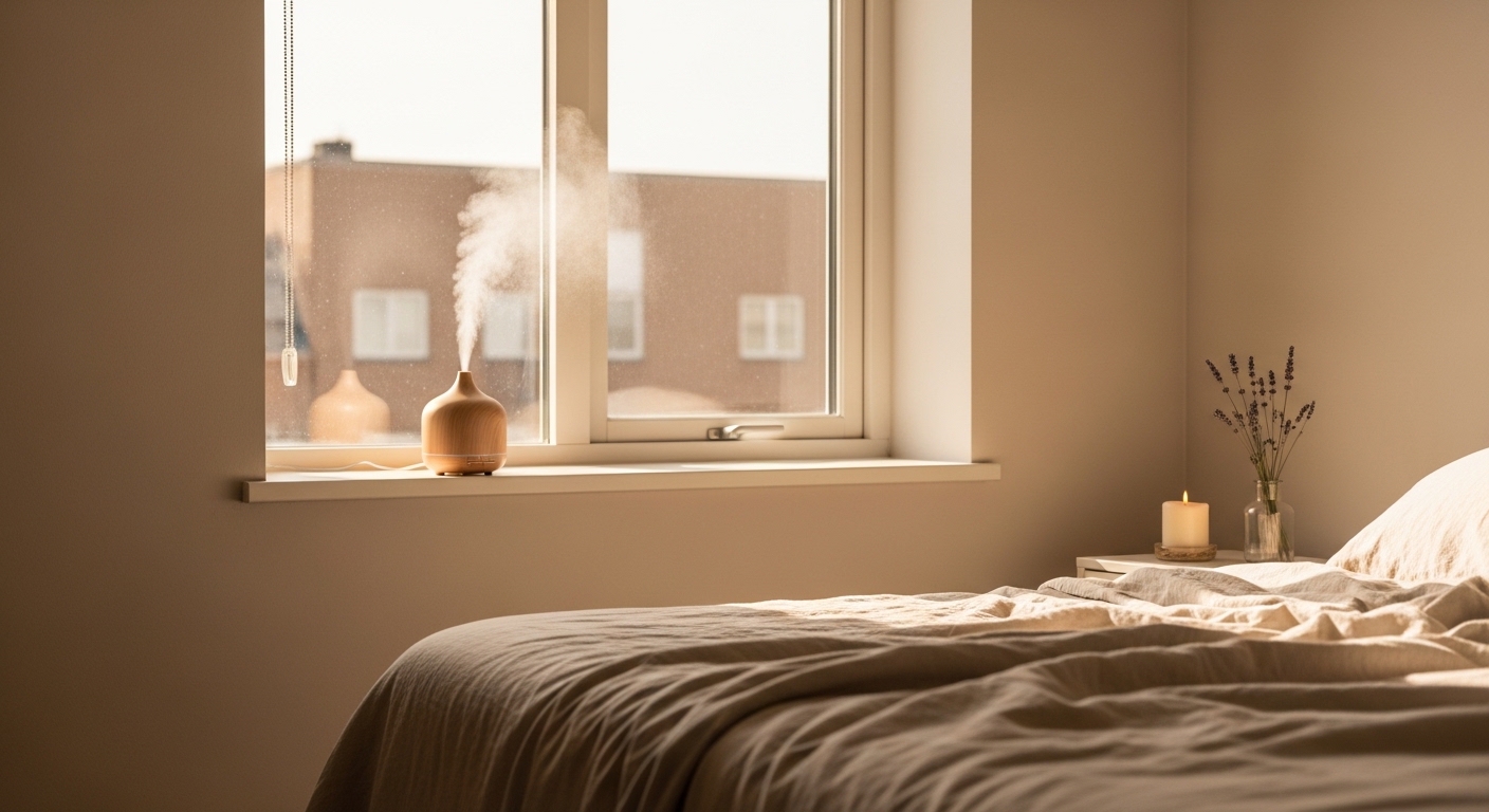 향과 스트레스 완화를 돕는 아로마 디퓨저가 놓인 편안한 침실 공간