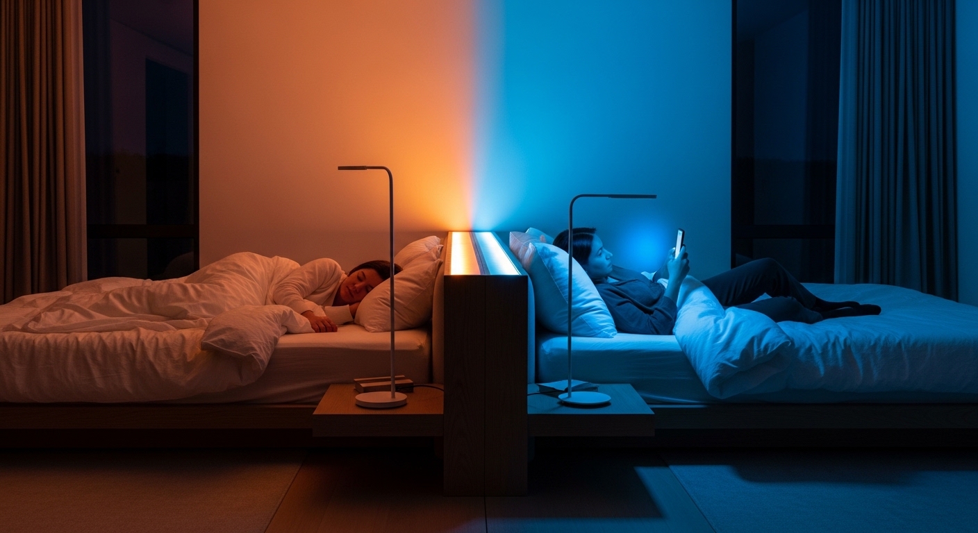 조명과 호르몬 관계를 보여주는 수면과 블루라이트 대비 이미지