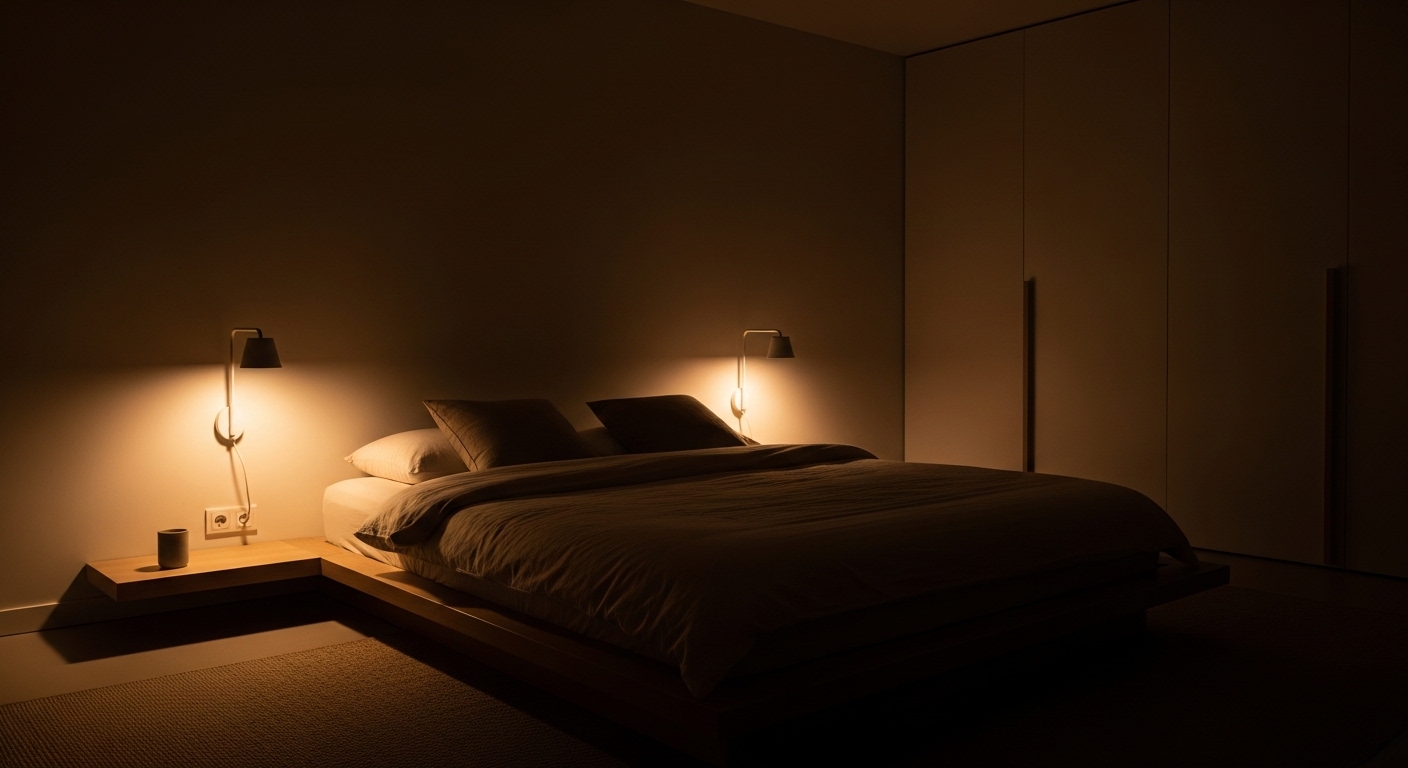 수면 조명을 활용한 2700K 웜톤 침실 환경 예시