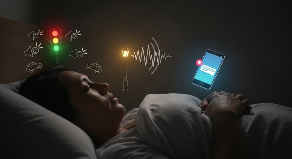 소음과 피로로 인해 수면의 질이 떨어지는 모습