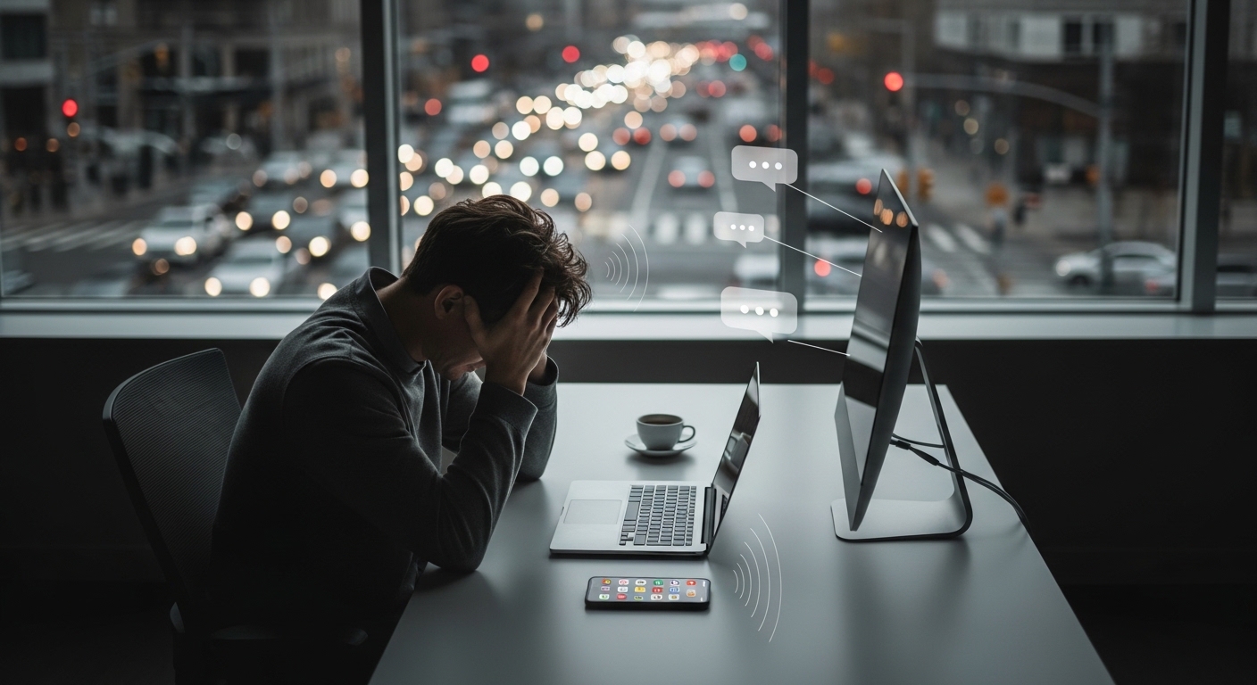 소음과 피로로 인해 집중력이 떨어진 현대인의 작업 환경 모습