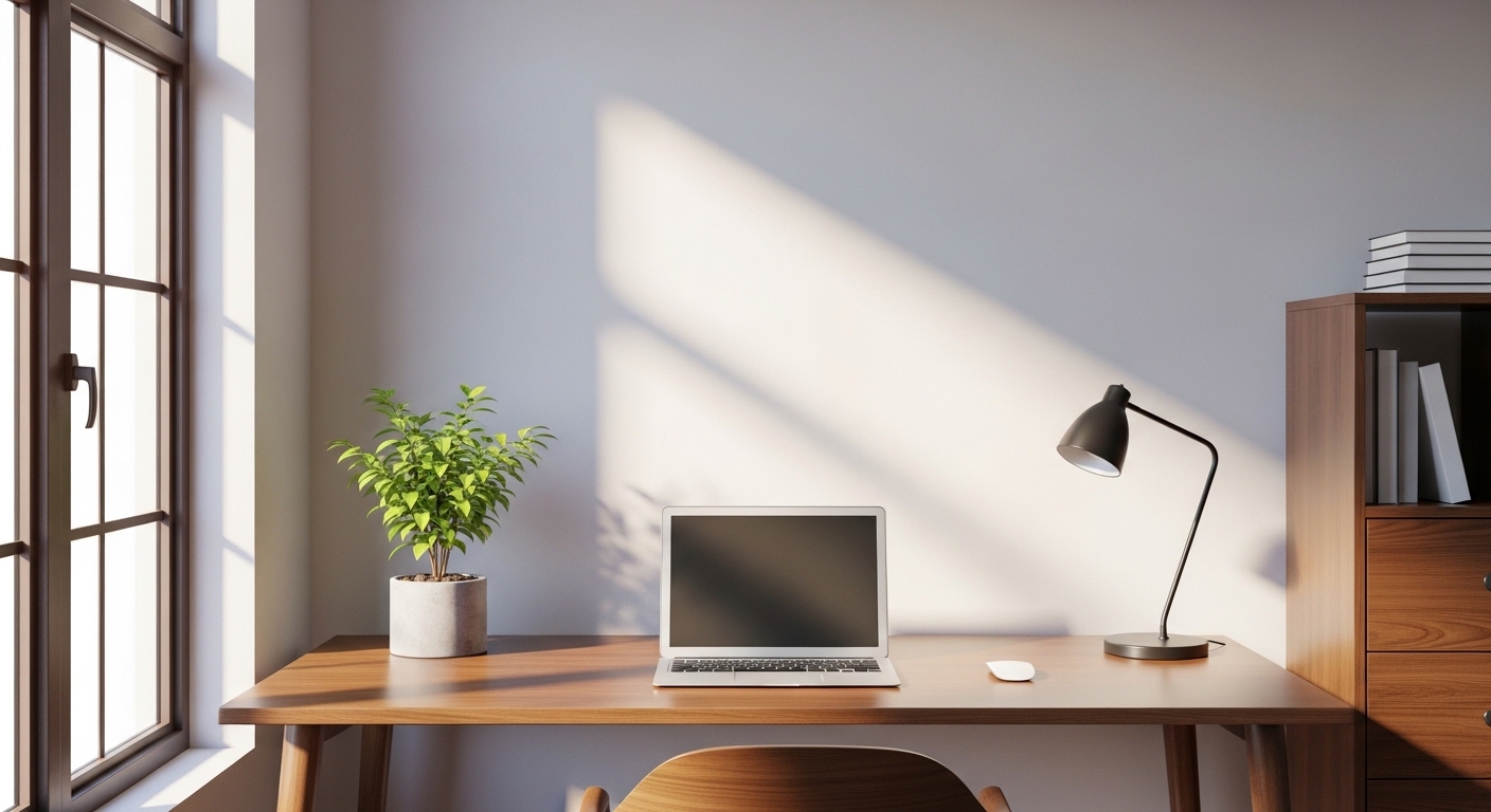 책상 위치와 집중력을 높이는 이상적인 환경, 벽을 등지고 창문이 옆에 있는 정돈된 작업 공간