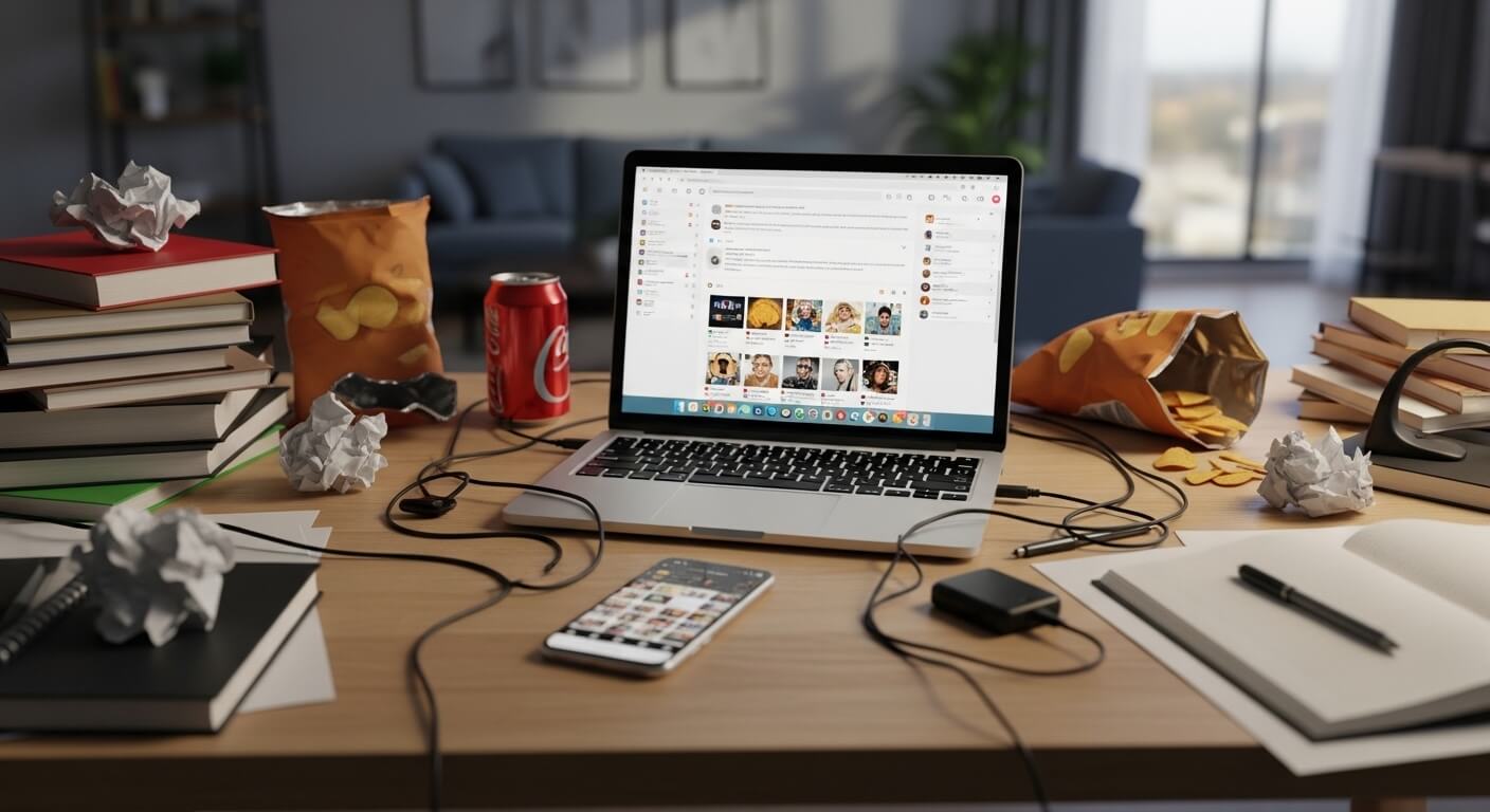 집에서 집중 안 되는 이유를 보여주는 지저분한 책상 환경